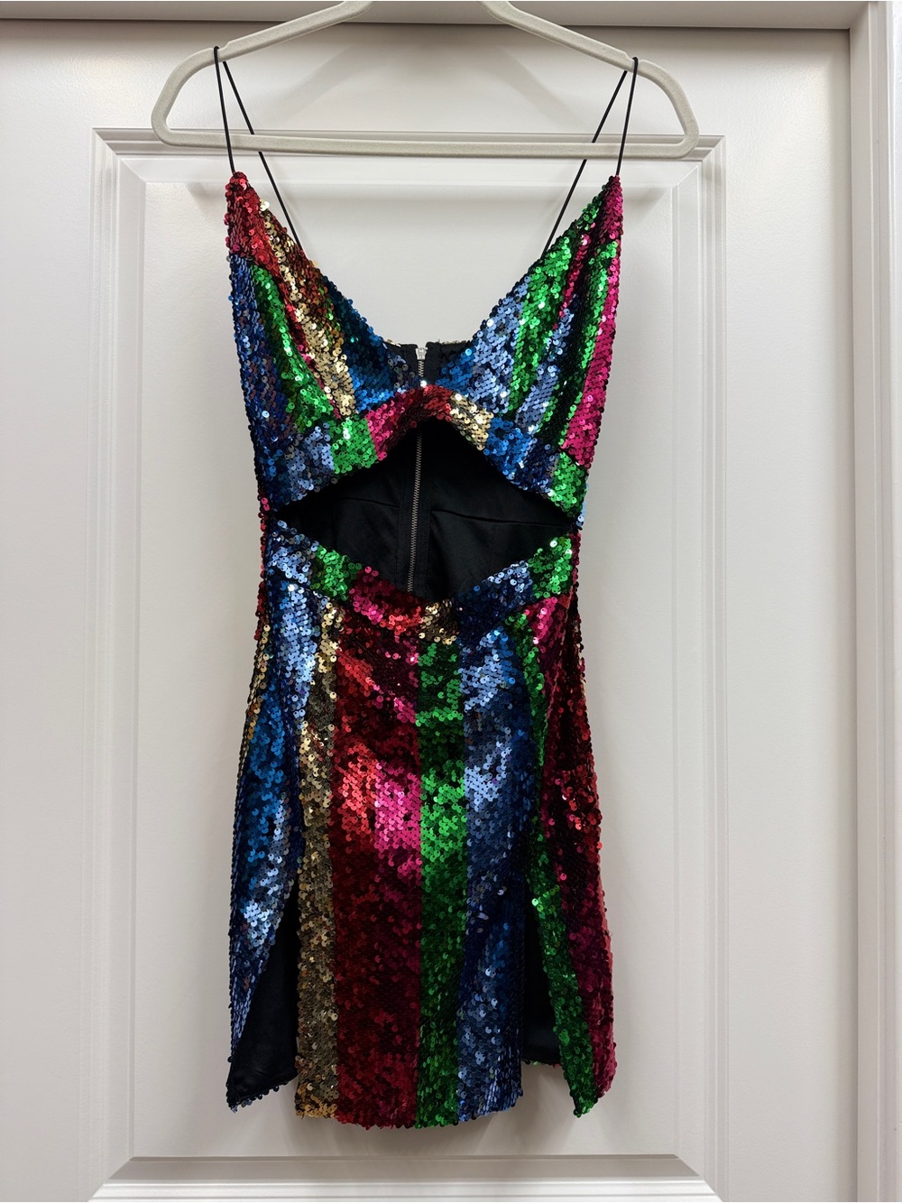 PrettyLittleThing Rainbow Sequin Stripe Cutout Bodycon Mini Dress 4